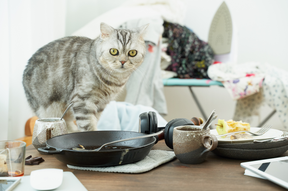 cat in cluttered kitchen